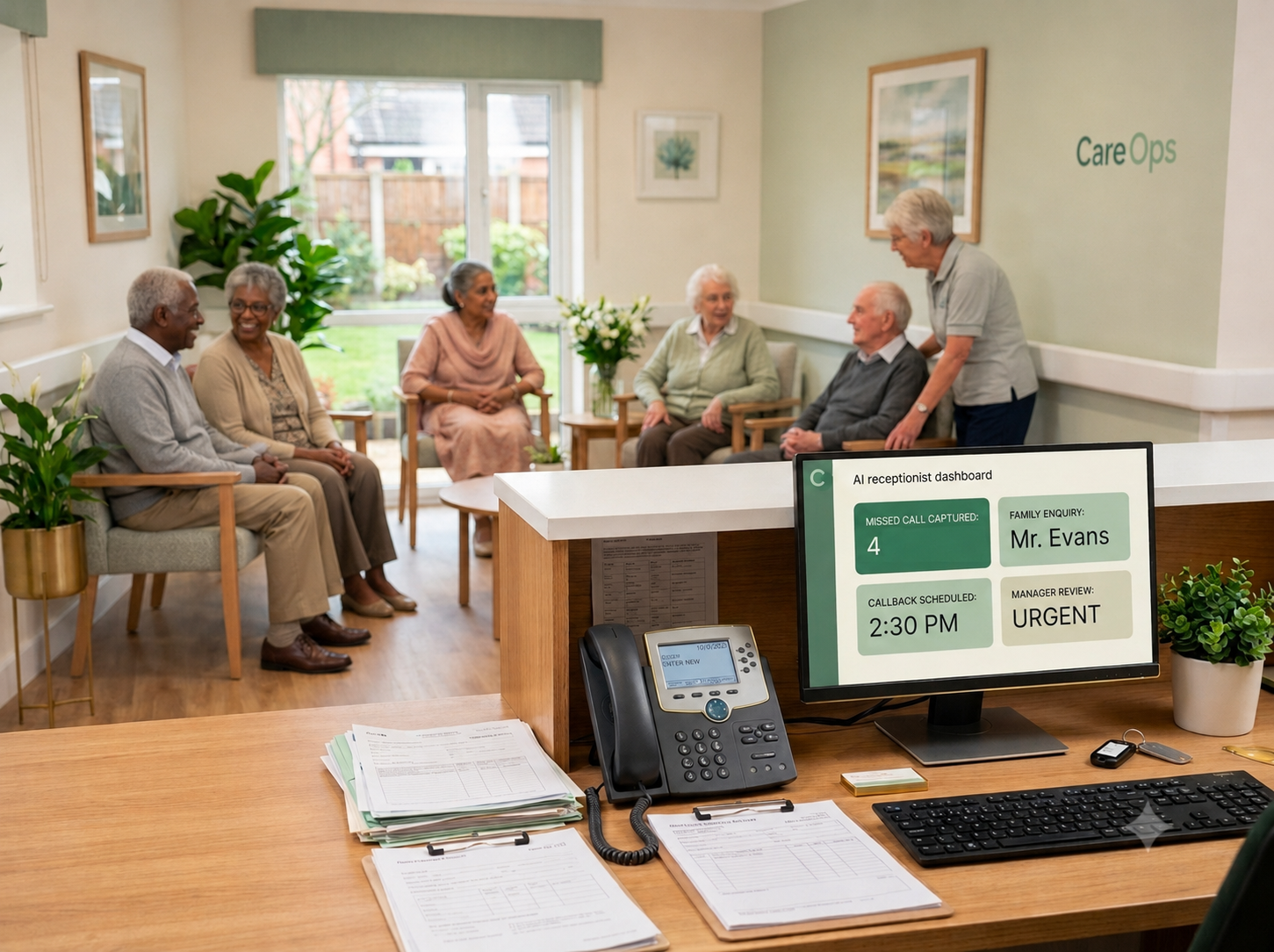 CareOps AI receptionist dashboard in a care home reception